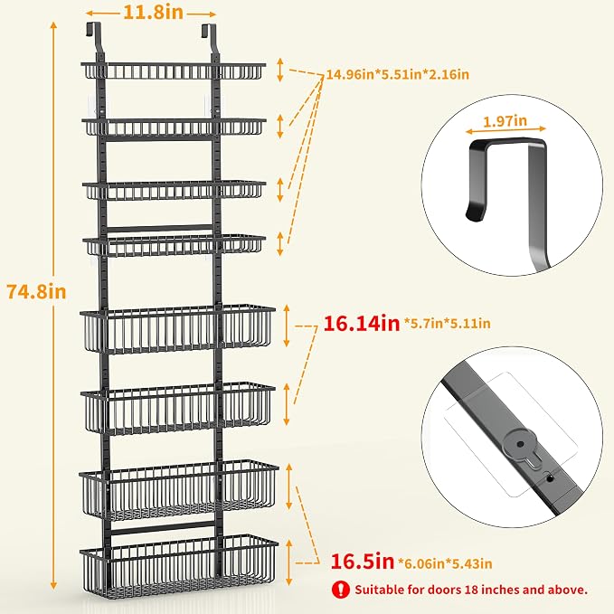 Moforoco Over The Door Pantry Organizer, Pantry Door Organizer Shelves, Kitchen Organizers and Storage, Hanging Basket Wall Spice Rack Seasoning Shelves, Laundry Room Bathroom accessories（Black