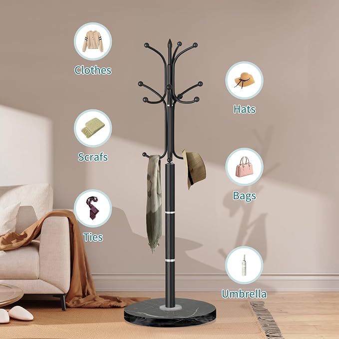 OIRUMIE Coat Rack,Coat Rack Stand with 12 Hooks,Coat Tree Stand for Corner | Coat Rack Freestanding with Natural Marble Base,Black Modern Coat Clothes Hall Tree Hanger Stand for Hallway,Entryway