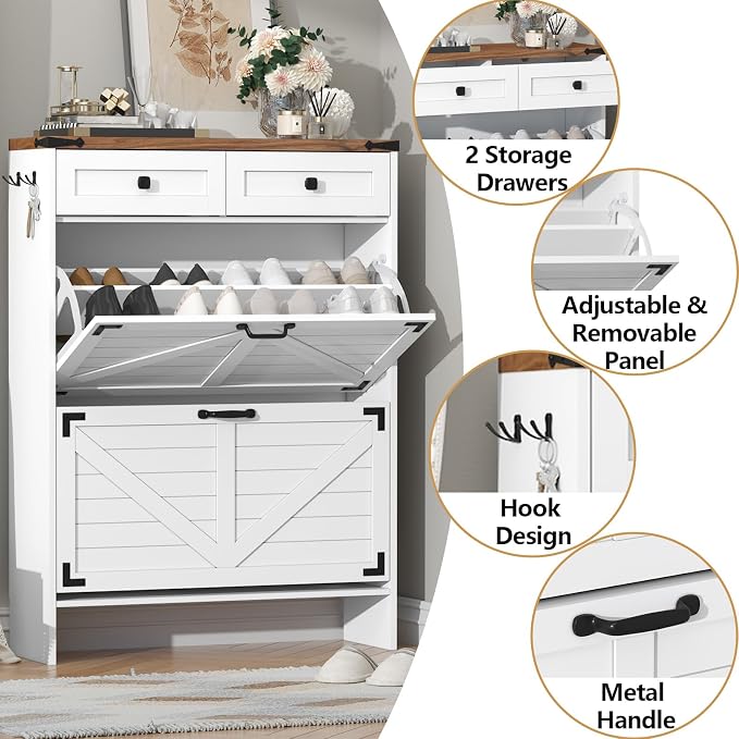 Shoe Cabinet with 2 Flip Drawers, Hidden Shoe Storage Cabinet with 2 Pull-Out Drawers, Farmhouse Shoe Organizer for Entryway, Narrow Shoe Rack for Front Door Entrance, White