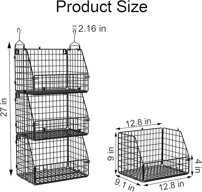 PUPPYCUTE Stackable Wire Storage Baskets for Kitchen Closet Pantry, Hanging Closet Organizers Storage Shelves Organization, Wall Mount Metal Basket Bins, Clothing Vegetable & Fruit Organizer 3 pcs