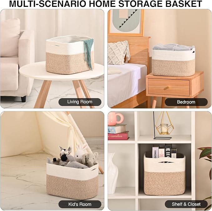 ICERZCZ Woven Cotton Rope Storage Basket for Organizing, Cute Decorative Baskets for Gifts Empty, Organizer Bins for Dog Toy, Baby Laundry, 15“×11”×9.5“, Off White & Brown
