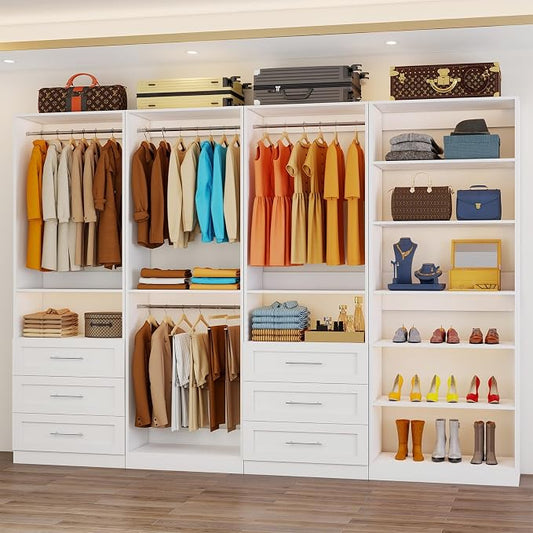 Closet System Set of 4, 8-21FT Closet System with 6 Drawers, 8 Shelves & 8 Hanging Rods, Custom Walk in Closet Organizer System Adjustable, Max 252“ Modular Closet Storage System Wood, White