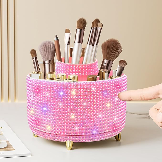 Diesisa Bling Diamond 360° Makeup Brush Holder Organizer, Rotating Makeup Brush Organizer,5 Slot Make up Brushes Cup for Cosmetics, Vanity Desktop Organizer, Gift for Women Teen Girls- Diamond Pink