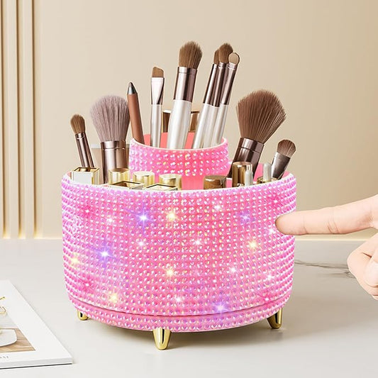 Diesisa Bling Diamond 360° Makeup Brush Holder Organizer, Rotating Makeup Brush Organizer,5 Slot Make up Brushes Cup for Cosmetics, Vanity Desktop Organizer, Gift for Women Teen Girls- Diamond Pink