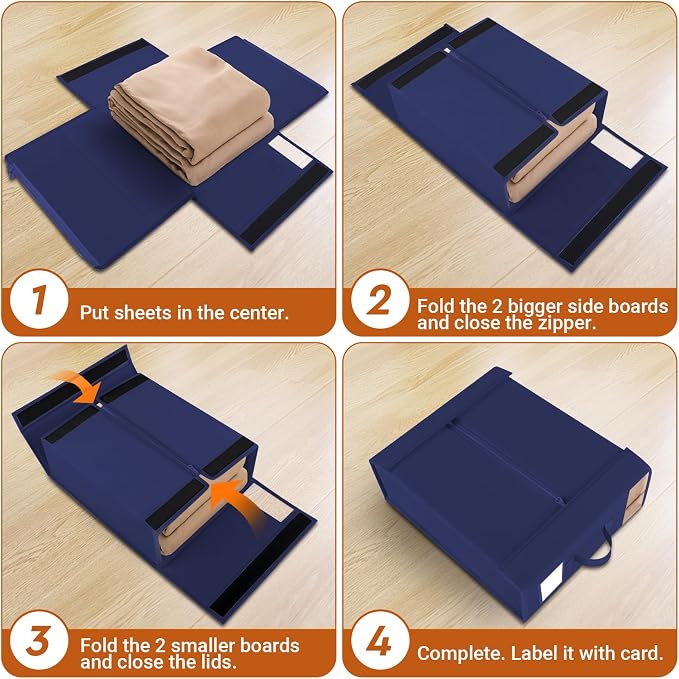 StorageTastic 2 Pack Bed Sheet Closet Organizers and Storage,Sturdy Foldable Storage Containers with Window and Label,Storage and Organization for Bedding Sheets,Duvet Covers,Blankets (Blue)