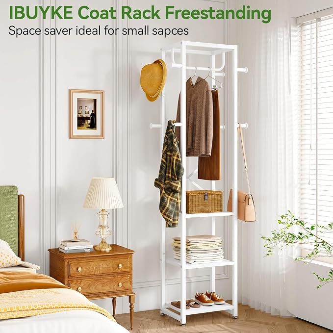 IBUYKE Freestanding Coat Rack,with 3 Shelves and 8 Hooks,White UTMJ088W | Metal Frame,Industrial Hall Tree,Clothes Stand for Entryway, Hallway, Bedroom,Office, Living Room