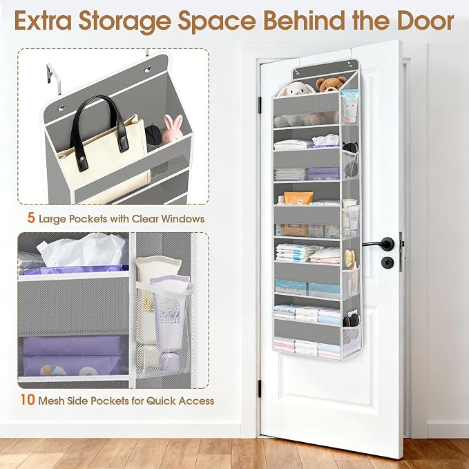 Over The Door Organizer Storage behind Door Hanging Organizer for Nursery | 5 Tier, 10 Side Pockets, Clear Window, Sturdy Construction, Space-Saving Storage for Closet, Bedroom, Bathroom & Nursery