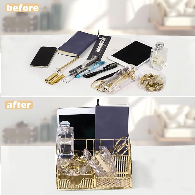 Gold Desk Organizers,Desk Accessories,Office Supplies Set,13PS Set with Acrylic Stapler,Tape Dispenser,Staple Remover,Pen Holder,Clips,Scissor, Phone Holder,Pen