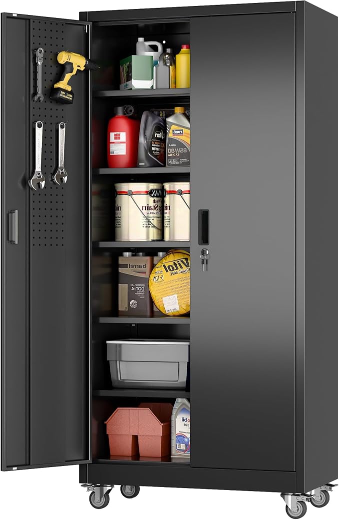 Aobabo Black Metal Garage Storage Cabinet with Wheels, 34"W x 18"D x 71"H | 5 adjustable shelves hold up to 170 lb each; 4 lockable casters and lockable doors organize tools and supplies.