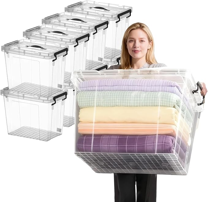 40 Pack 90 QT Plastic Storage Bins with Lids | Clear Stackable Bins with Secure Latches and Handles Heavy-Duty Storage Containers For Home Office and Garage Organization