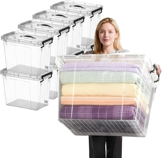40 Pack 90 QT Plastic Storage Bins with Lids | Clear Stackable Bins with Secure Latches and Handles Heavy-Duty Storage Containers For Home Office and Garage Organization