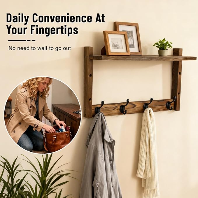 28" Coat Rack Wall Mount with Shelf with 7 Hooks 3 Key Hanger | Entryway Key Holder Wall Mount Wood Wall Coat Hooks, Wall Mounted Coat Rack Mail Holder for Living Room, Bedroom