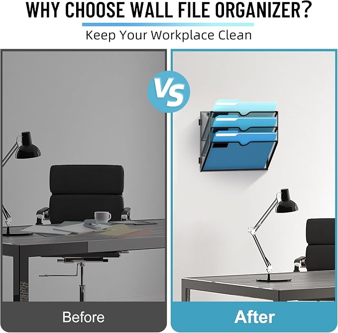 3-Tier Hanging Wall File Organizer with Hooks for Office Organization | Mesh Wall File Holder, Mail Organizer Wall Mounted for Papers, Documents, Folders and Magazines in Home Office, Classroom