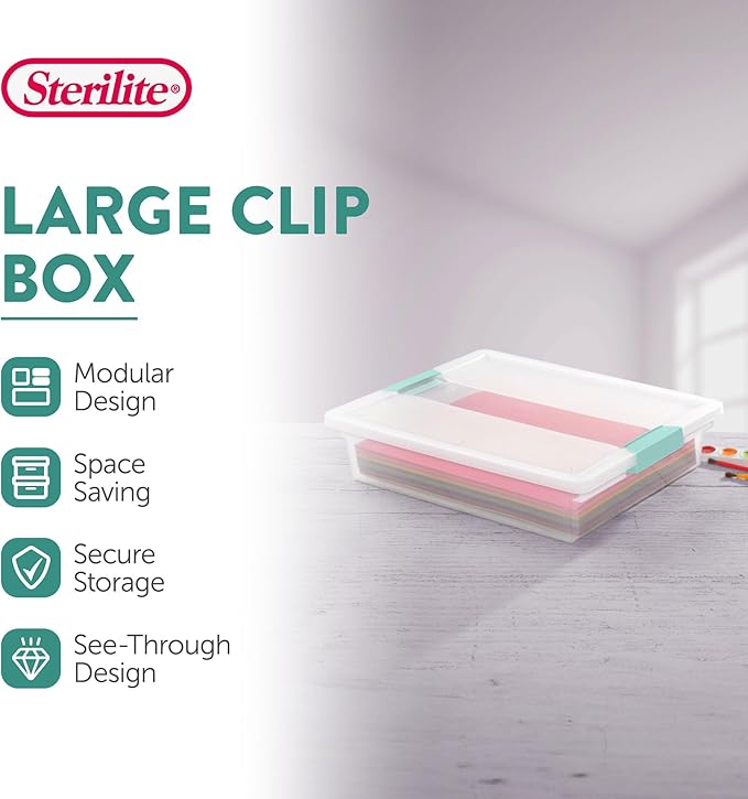 Sterilite Clip Box, Stackable Clear Plastic Bins- Large, 18-Pack | Storage Containers with Latching Lids for Writing, Arts or Crafts Supplies - Home, Office, Classroom & Workshop Organization