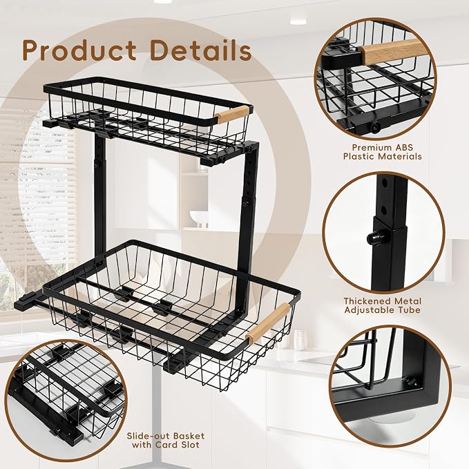 2-Tier Pull-Out Under Sink Organizer, Height Adjustable Sliding Shelf, Heavy Duty Carbon Steel, Wooden Handle & Suction Cup Base, Rust-Proof & Anti-Shake, for Kitchen Bathroom, Black (black)