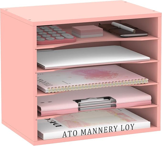 5 Tier Wood Desk Organizer, Mail Sorter and Paper Organizer for Desk, Pink | Wooden Desktop Organizer for Sorting Papers, Letters and Mails, Literature Organizer for Home Office, Classroom Organization