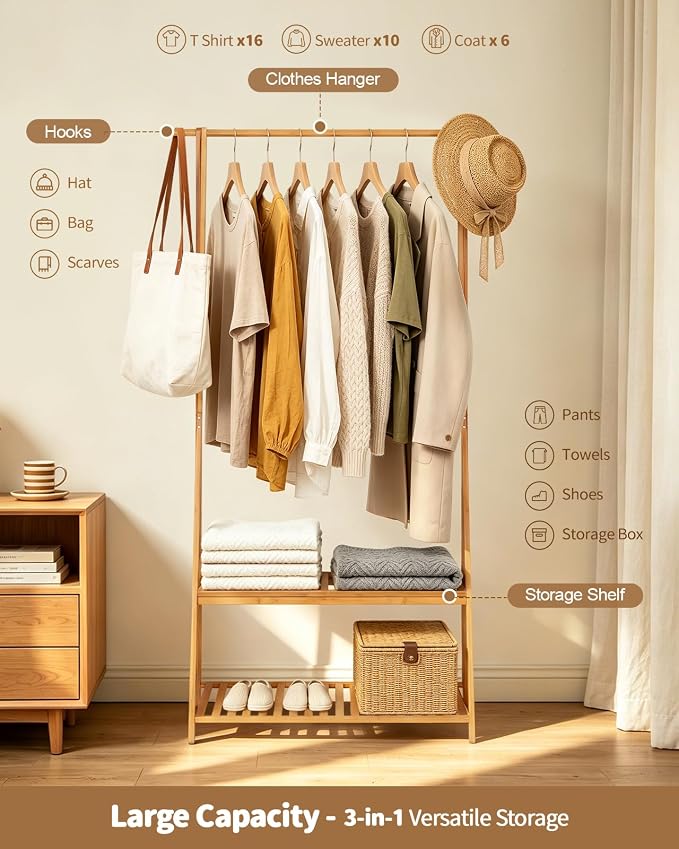 Bamboo Clothing Rack with Shelves, Wood Garment Rack for Hanging Clothes | Small Space Corner Clothes Hanger Rack with 2 Hooks,Freestanding Open Wardrobe Closet Rack in Bedroom,Entryway,Apartment