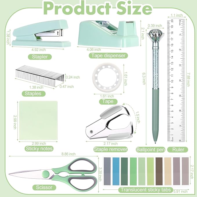 Sage Green Desk Accessories Office Supplies Set, 12 Pcs | 360° Rotating Pen Holder, Stapler, Tape Dispenser, Scissor, Sticky Notes, Binder Clips, Desk Organizers Gift for School