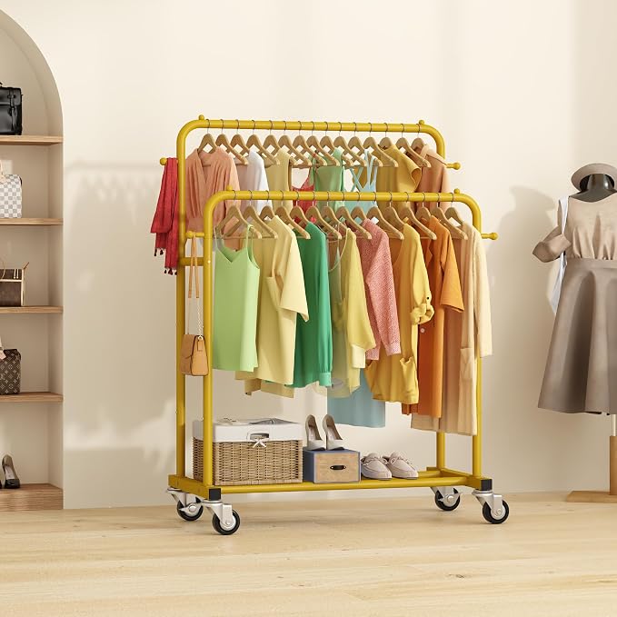 Laiensia Double Rods Garment Rack with Wheels, Clothing Rack for Hanging Clothes,4 Hooks, Multi-functional Bedroom Clothes Rack, Gold