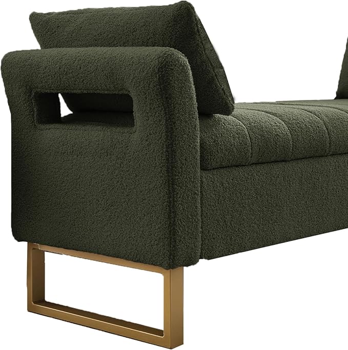 66" Storage Bench for Bedroom Upholstered End of Bed Bench King Size Green | Long Bedroom Benches for Foot of Bed King,Teddy Storage Bed Bench with Gold Legs,2 Pillows for Entryway Windows Cloakroom