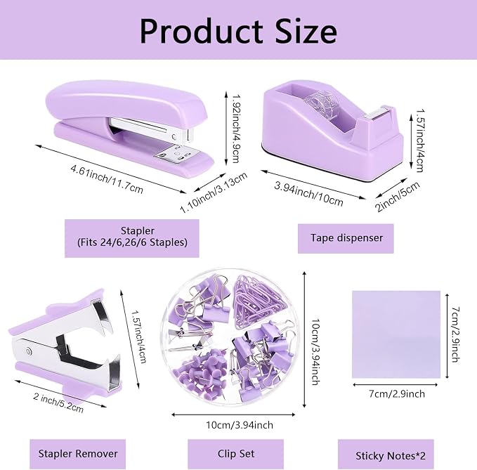 Office Supplies,Purple Desk Accessories,Desk Organizer,Stapler,Tape Dispenser,Folding Phone Stand,Scissors,Notebook,Staple Remover,Staples,Clear Tape,Sticky Notes,Clips,Cool Pen,Bookmark,Ect.22pcs