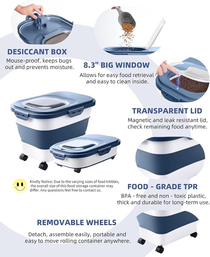 20-23 Lbs Dog Food Storage Container,Collapsible Dog Food Container | Pet Food Storage Containers with Attachable Casters and Scoop,Small Container,Keep Dry Food Fresh,Easy to Move with Wheels