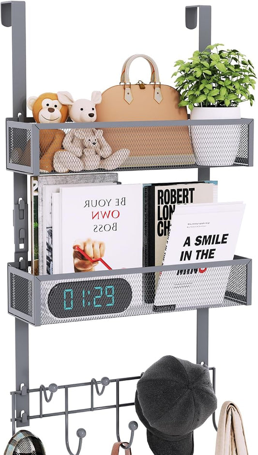 Consumest Over The Door Hooks Organizer - 3 Tier Door Hanger with 9 Coat Hooks & 2 Mesh Basket, Back Storage Organizer Hanging Towels for Bathroom, Bedroom, Grey