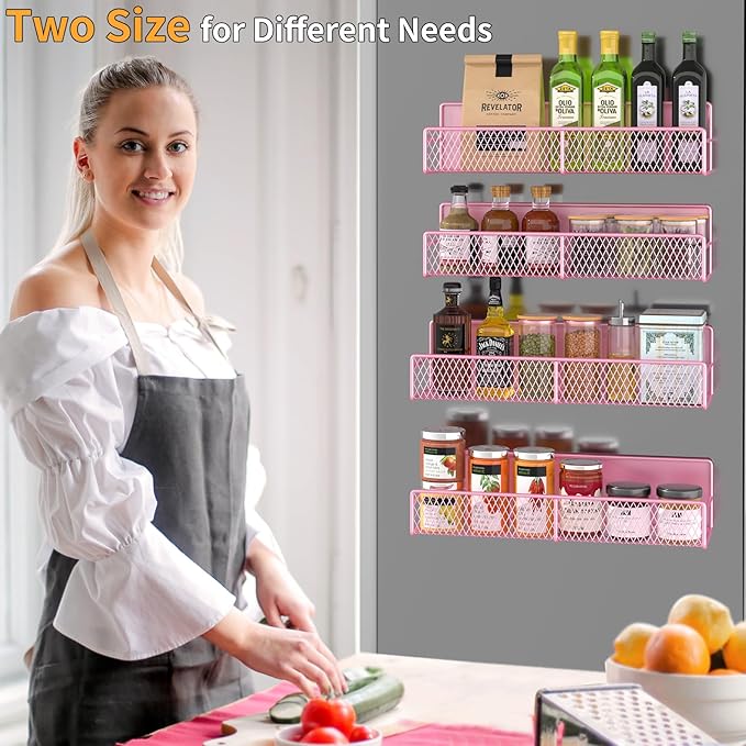 DTUQYX Magnetic Spice Rack for Refrigerator, 4 Pack 100% Metal Strong Magnet Fridge Shelves, Space Saving Spice Organizer, No Drilling Moveable Home Kitchen Laundry Room Storage Organization, Pink