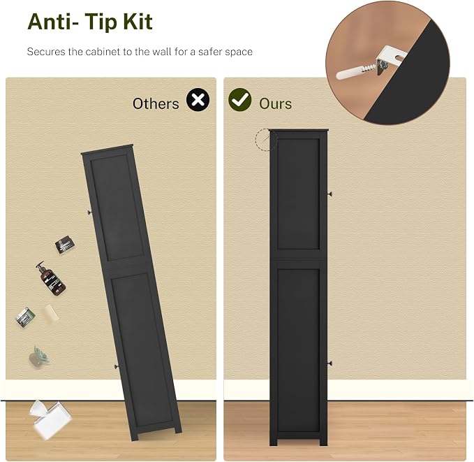 67" H Tall Storage Cabinet with 2 Doors and 1 Drawer, Narrow Black Cabinet with Adjustable Shelves, for Bathroom, Living Room, Entryway, Kitchen, Black