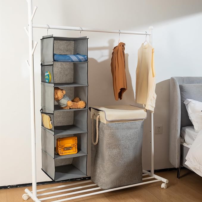 BrilliantJo 6 Shelves Hanging Closet Organizer, 2 Pack Hanging Storage with 4 Side Pockets for Clothes Shoes, 43.5"x12"x12"(Grey)
