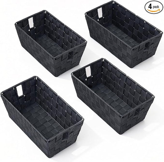 Storage Baskets for Organizing, Woven Organizer Baskets for Shelves, Small Strap Shelf Baskets for Bathroom Storage, Grey, Set of 4