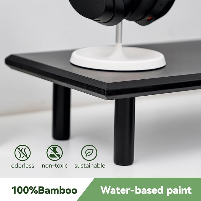 Bamboo Dual Monitor Stand Riser, Black Desk Shelf with Storage | 39.37-Inch Wide, 3.5-Inch Clearance, Fits Keyboards, Soundbars and Two 24-Inch Monitors for Home Office