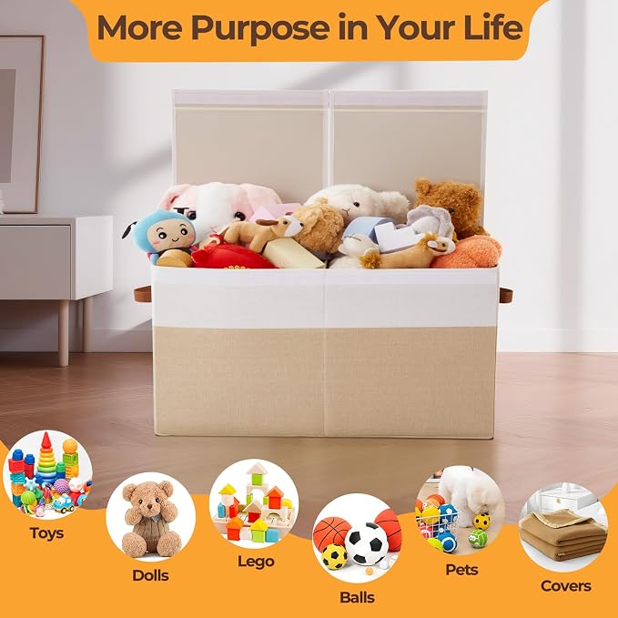 Large Toy Box with Lid,Collapsible Toy Storage with Dividers,Beige | 25"x13"x16",83L Large Capacity,Sturdy Kids Organizer,Toybox,Toy Chest for Boys & Girls,Living Room,Nursery,Bedroom,Playroom