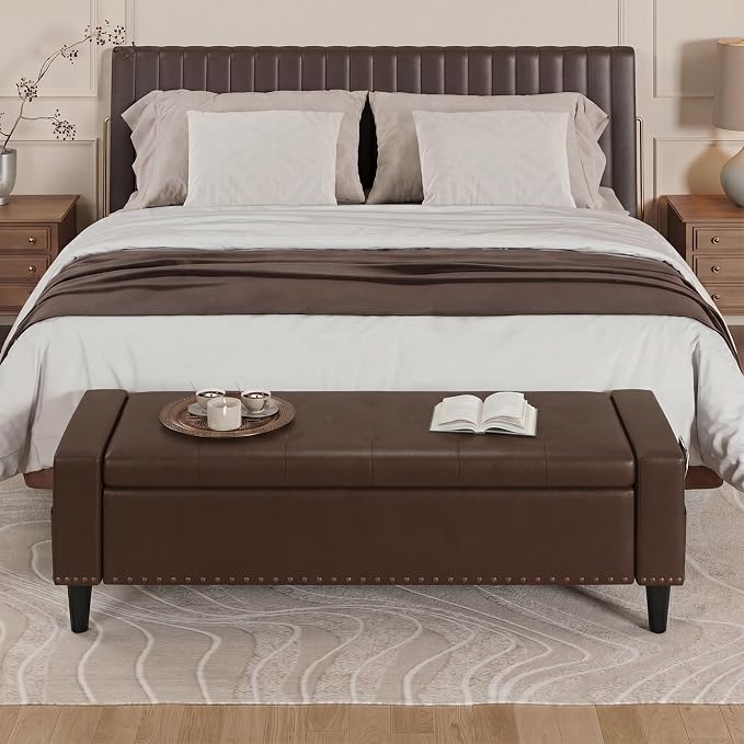 60" Storage Ottoman Bench, Faux Leather Upholstered Bed Bench with Tufted Buttons and Nailhead Trim, Large Ottoman with Storage for King Size End of Bed, Bedroom, Entryway, Hallway (Chocolate)