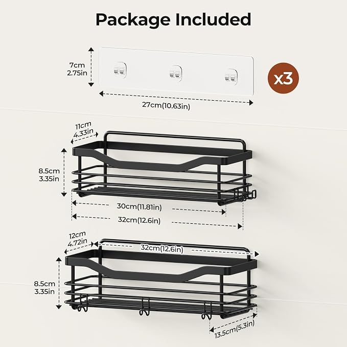 Orimade Adhesive Shower Caddy Shelf with 5 Hooks Organizer Storage Rack Rust Resistant Wall Mounted Stainless Steel No Drilling for Bathroom, Toilet, Kitchen - 2 Pack,Black