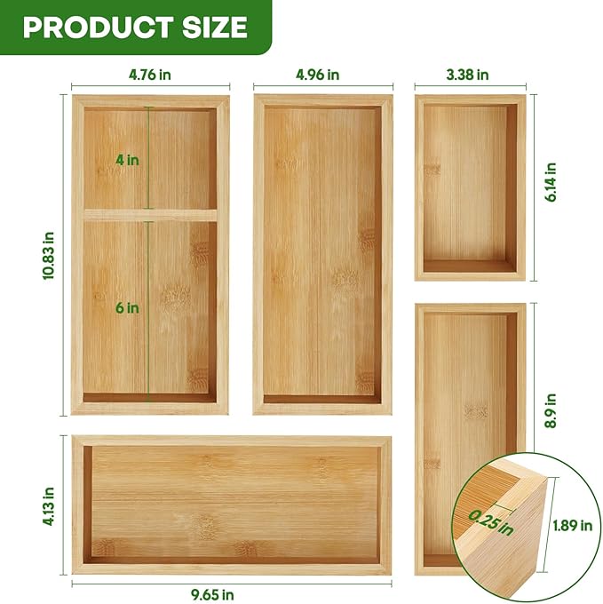 MapleGrace Bamboo Drawer Organizer Set, Individual Wood Storage Organizers | 5 PCS Multi-Use Junk Drawer Divider, Storage Trays Containers for Kitchen, Bathroom, Office Desk, Makeup, Jewelry, Utensils