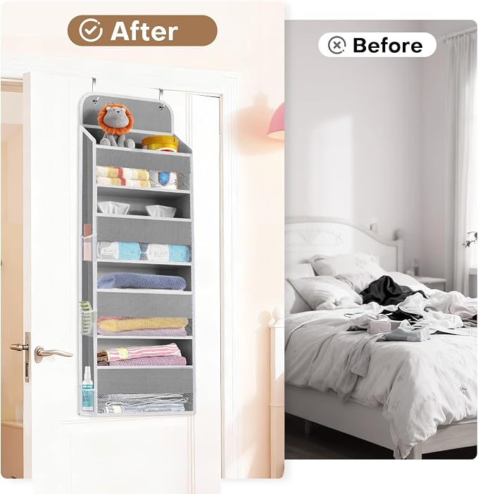 Over the Door Organizer, 4 Large Pocket Hanging Storage with 40lb Capacity | Space Saving Door Storage for Nursery, Bathroom, Bedroom and Closet, Baby Essentials and Toiletry Organizer, Grey