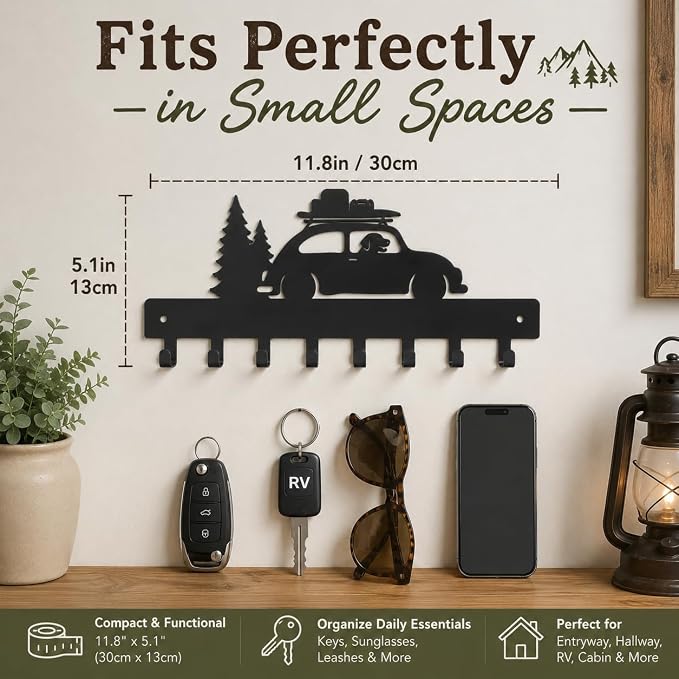 RV Decor Key Holder for Wall, Camper Key Rack with 8 Hooks, Black | Metal RV adventure decor with no-drill glue or screw mounting, ideal for entryway, hallway, living room, camper and RV