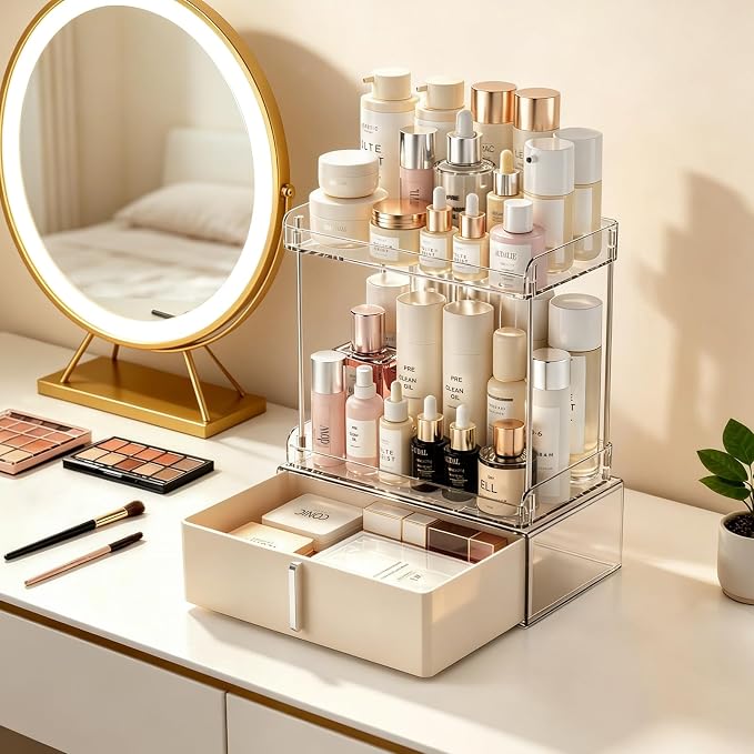 Pajiriona Makeup Organizer,Skincare Organizer for Vanity,2-Tier Large Capacity Cosmetic Storage Box for bathroom organizers and storage,Clear Cosmetic Display Case for Bedroom Countertop.