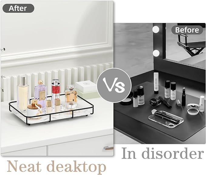 Dobbyby Vanity Tray Makeup Organizer Cosmetics Storage Bathroom Skincare Organizer Countertop Display Rack in Dresser Stainless Steel Shelf Marble Print Ceramic Trays
