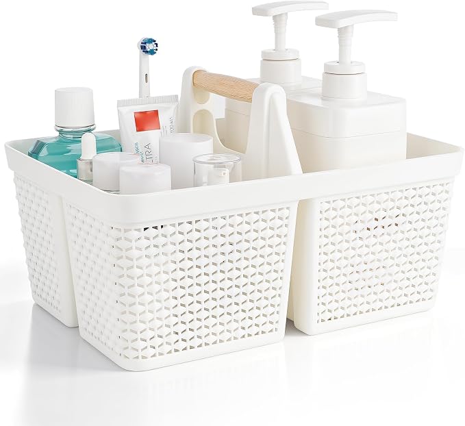 UUJOLY Portable Plastic Shower Caddy Basket with Wooden Handle, White | Divided Storage Organizer Tote for Bathroom, Dorm, College, Kitchen & RV – Lightweight, Easy-Carry Essentials Caddy