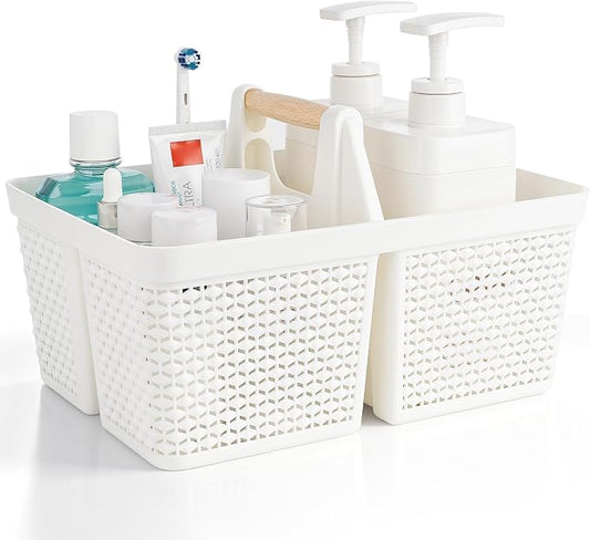 UUJOLY Portable Plastic Shower Caddy Basket with Wooden Handle, White | Divided Storage Organizer Tote for Bathroom, Dorm, College, Kitchen & RV – Lightweight, Easy-Carry Essentials Caddy