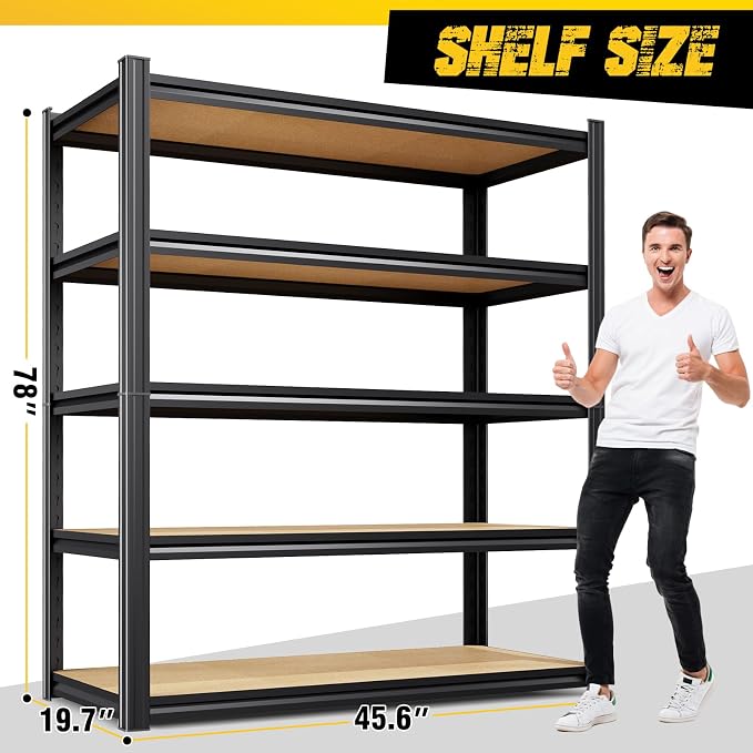 78" H x 46" W x 20" D Garage Shelving for Large Storage Organization, 5-Tier Adjustable Metal Storage Rack for Tools, Storage Bins & Bulk Items, Utility Shelf for Garage,Pantry & Workshop