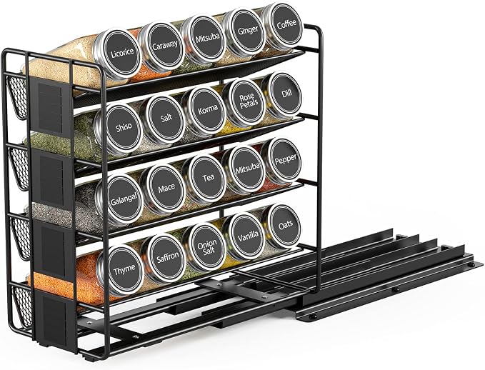 SpaceAid Pull Out Spice Rack Organizer with 20 Jars, Heavy Duty Slide Out Seasoning Organizer for Kitchen Cabinets, with 801 Labels and Chalk Marker, Right Facing