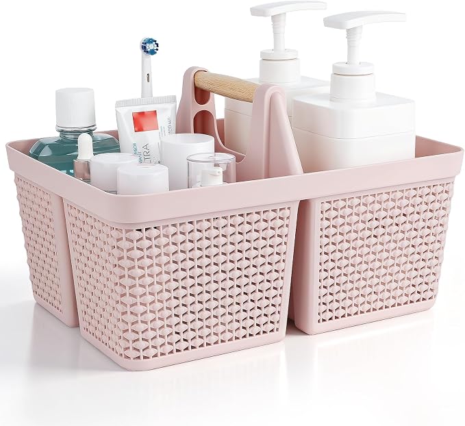 UUJOLY Portable Plastic Shower Caddy Basket with Wooden Handle, Pink | Divided Storage Organizer Tote for Bathroom, Dorm, College, Kitchen & RV – Lightweight, Easy-Carry Essentials Caddy