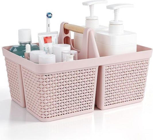 UUJOLY Portable Plastic Shower Caddy Basket with Wooden Handle, Pink | Divided Storage Organizer Tote for Bathroom, Dorm, College, Kitchen & RV – Lightweight, Easy-Carry Essentials Caddy