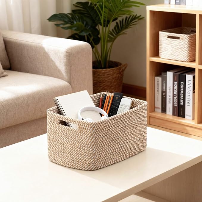 5 Pack Woven Storage Baskets for Shelves, Decorative Basket Organizer Storage Bins for Toys, Books, Clothes, Closet, Nursery, Bathroom – Cotton Rope Shelf Baskets for Organizing and Decor, Khaki