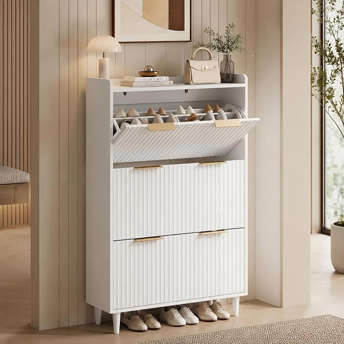 VINGLI White Fluted Shoe Storage Cabinet for Entryway with 3 Flip Drawers, Narrow Shoe Organizer with Fluted Panel, Modern Freestanding Wood Shoe Cabinet for Foyer, Hallway (White, 3 Flip Drawers)