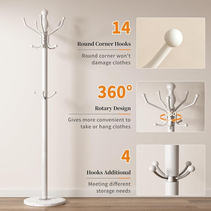 Metal Coat Rack Stand Coat Rack Freestanding with 360° Rotary,White | Modern Coat Rack with 360° Rotary Design Sturdy Heavy Duty Hall Tree Hats Hanger Holder Stand 14 Hooks for Hallway Office