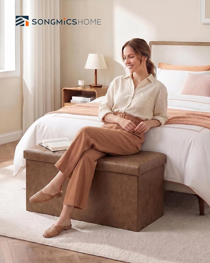 SONGMICS Home Foldable Foot Rest Stool, Storage Ottoman, Tufted Design, PU Leather, Easy Assembly and Cleaning, for Entryway, Living Room, Bedroom, 30.2 Inches, Brown
